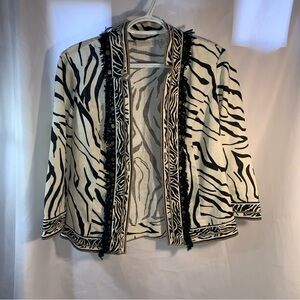 Chico's Linen Jacket Blazer Zebra Graphic Black White Fringe Beaded Size 0